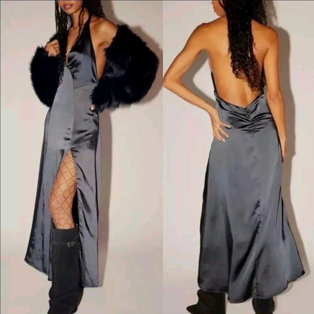 Free People Black Satin Halter Maxi Dress Open Back Slit XS OB1874583